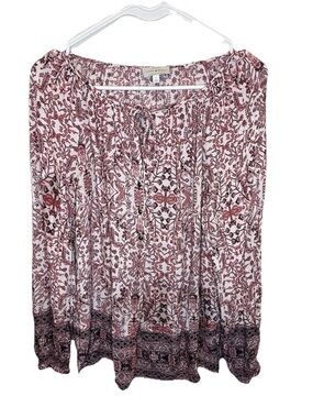 Lucky Brand 1/2-Button Key-Hole Peasant Top Blouse Pink Red Floral Size L EUC